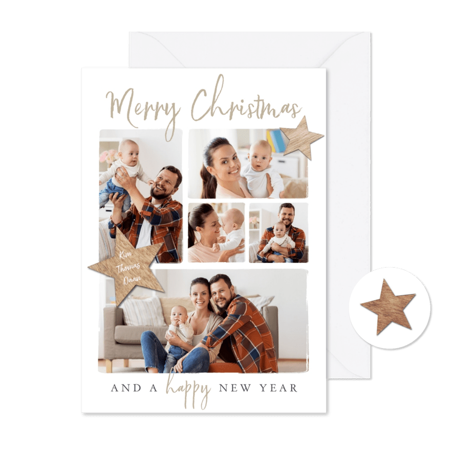 Kerstkaart fotocollage houten sterren merry christmas - Kaartimpressie