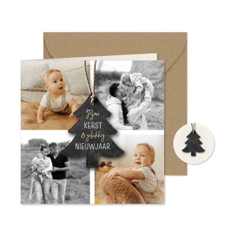Kerstkaart fotocollage kerstboom label sneeuw - Kaartimpressie
