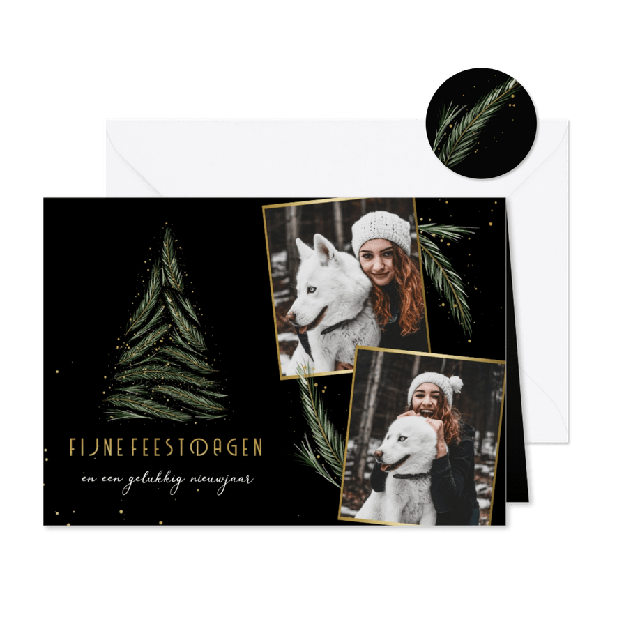 Kerstkaart fotocollage kerstboom van dennentakjes - Kaartimpressie