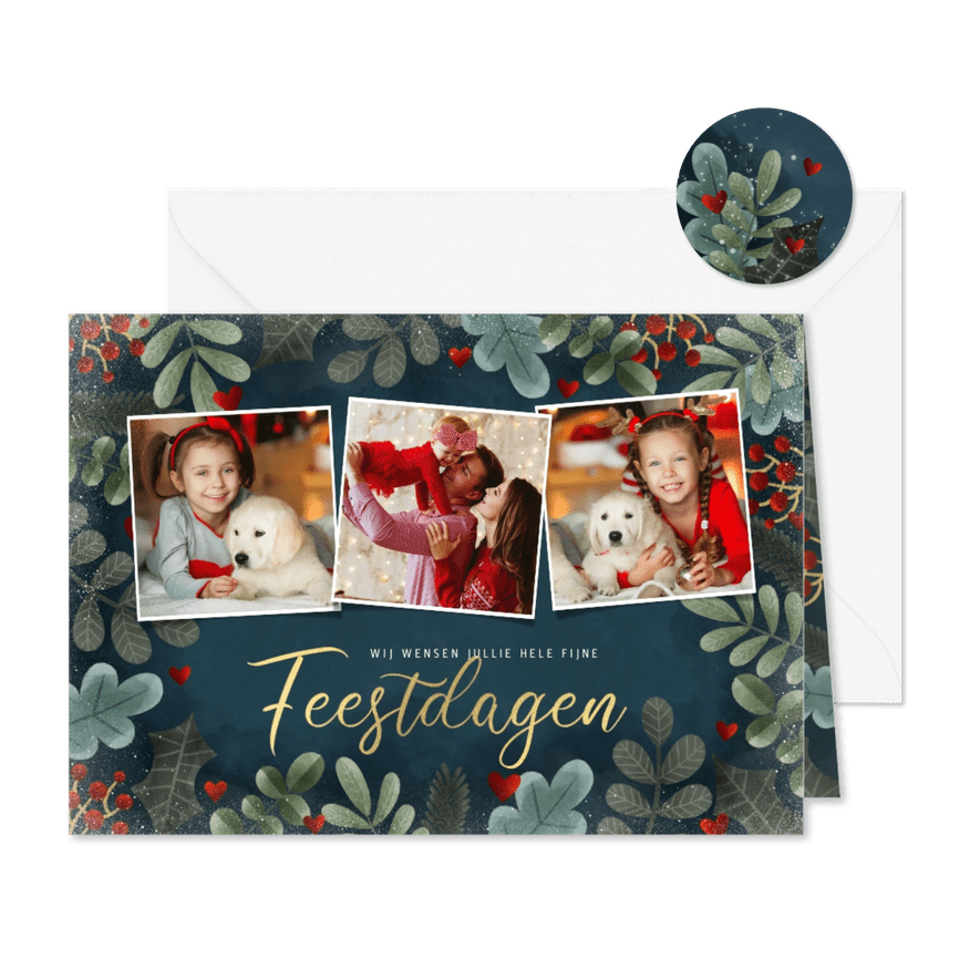 Kerstkaart fotocollage kersttakjes kader, hartjes en sneeuw - Kaartimpressie