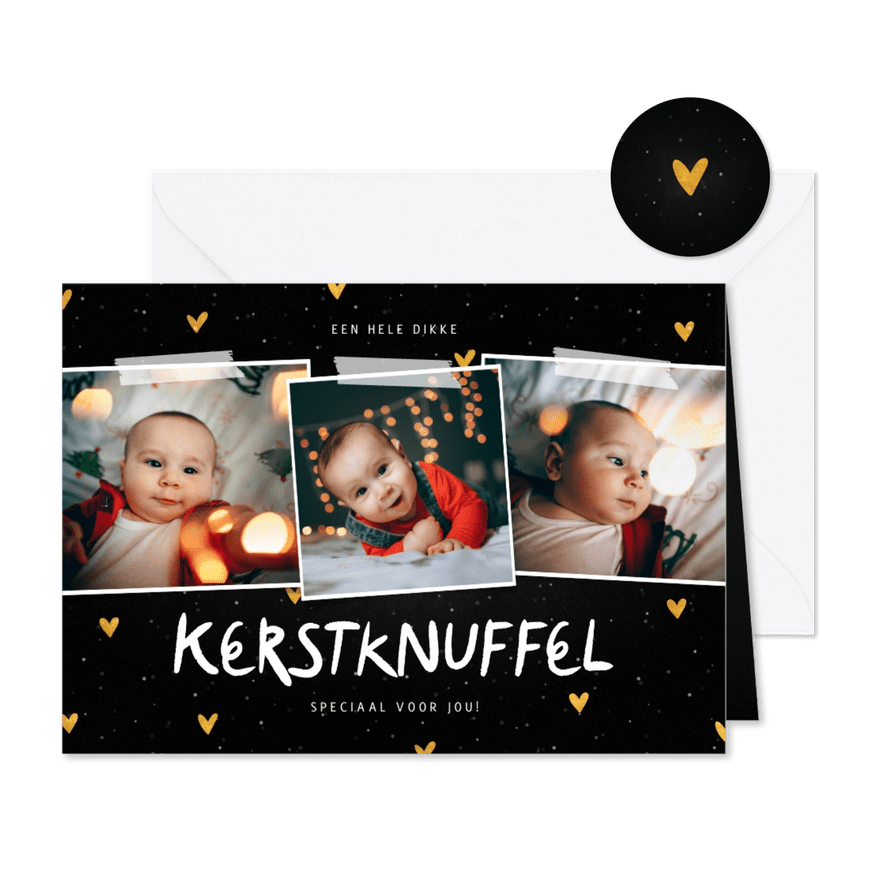 Kerstkaart fotocollage knuffel met sneeuw en gouden hartjes - Kaartimpressie