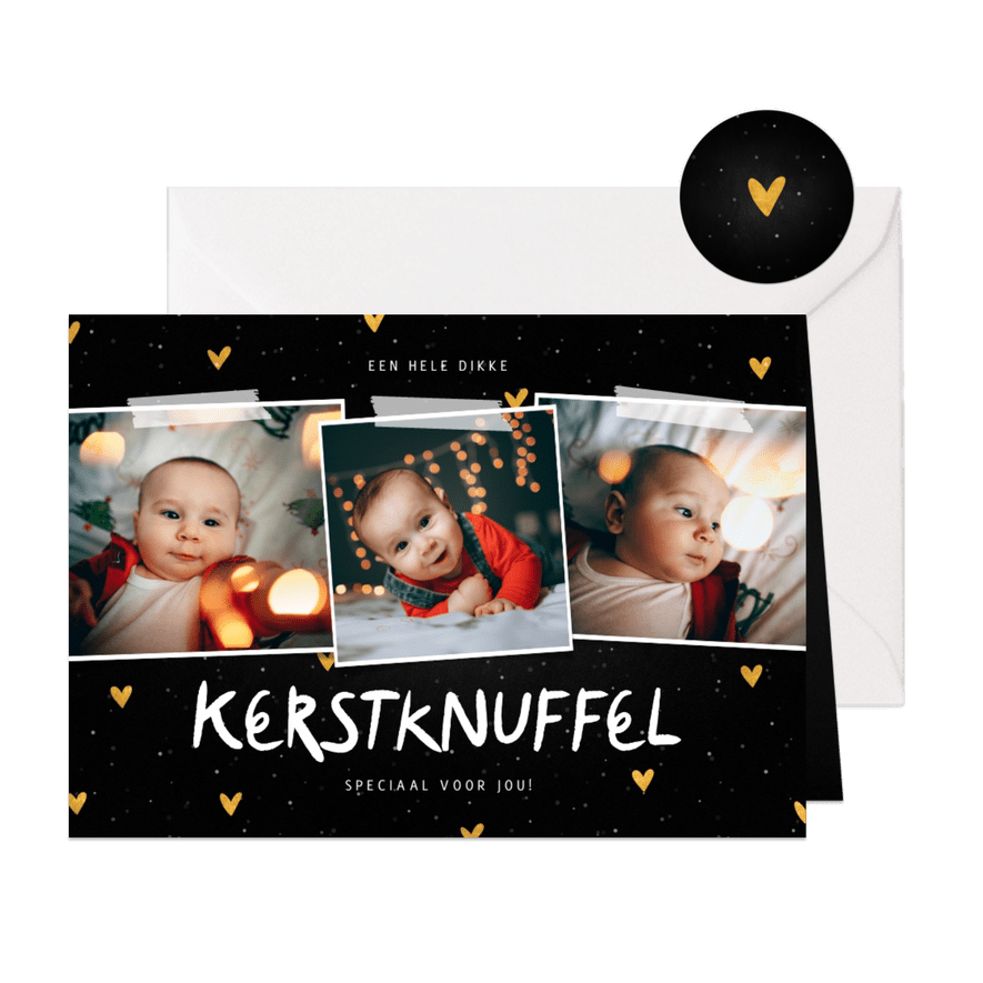 Kerstkaart fotocollage knuffel met sneeuw en gouden hartjes - Kaartimpressie