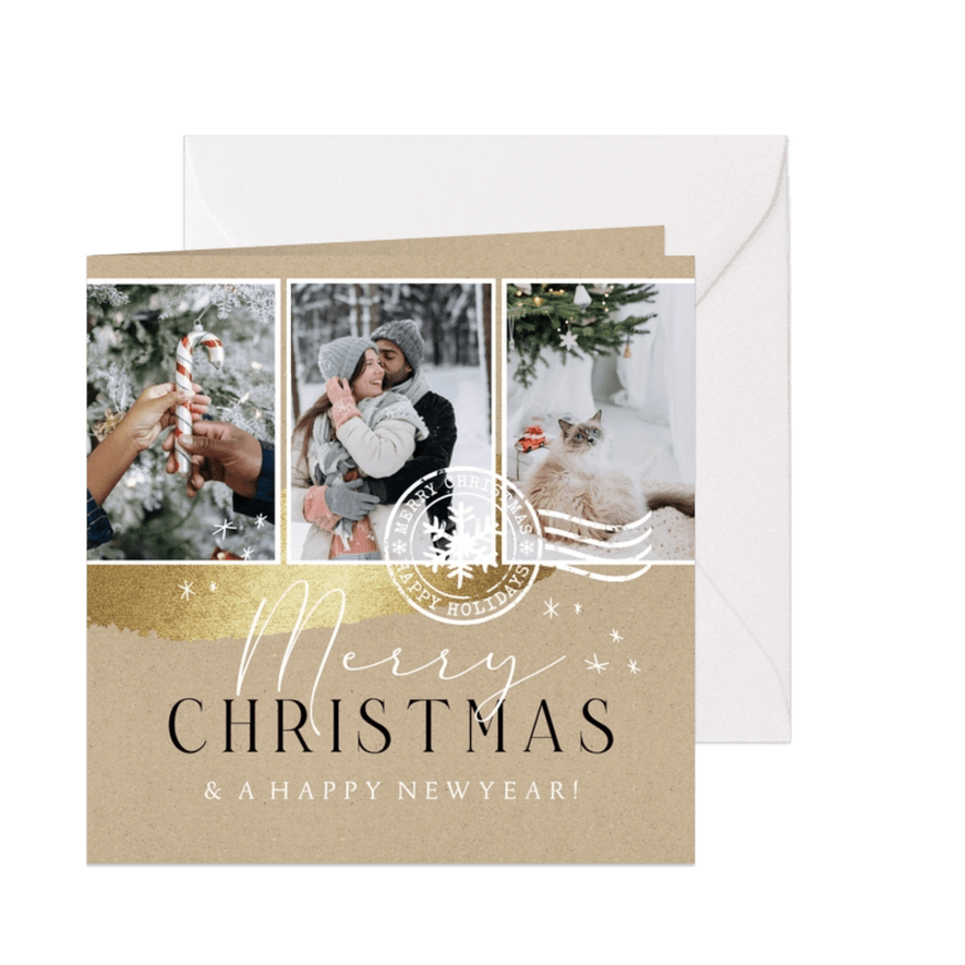 Kerstkaart fotocollage kraft goudlook sterren stempel - Kaartimpressie