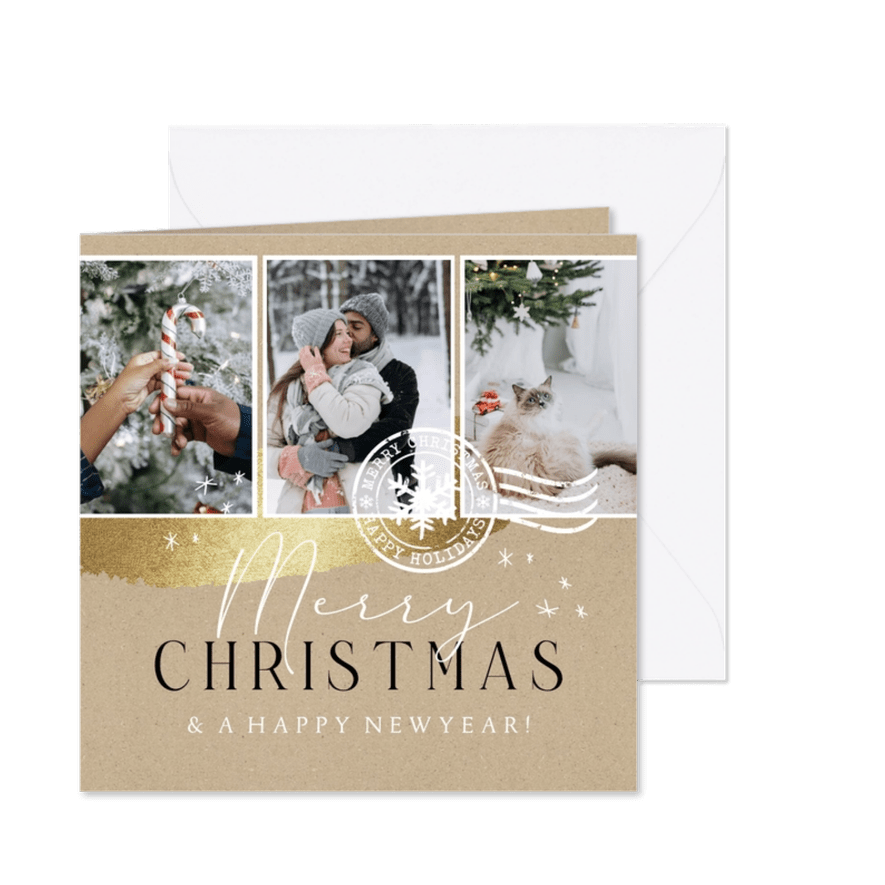 Kerstkaart fotocollage kraft goudlook sterren stempel - Kaartimpressie
