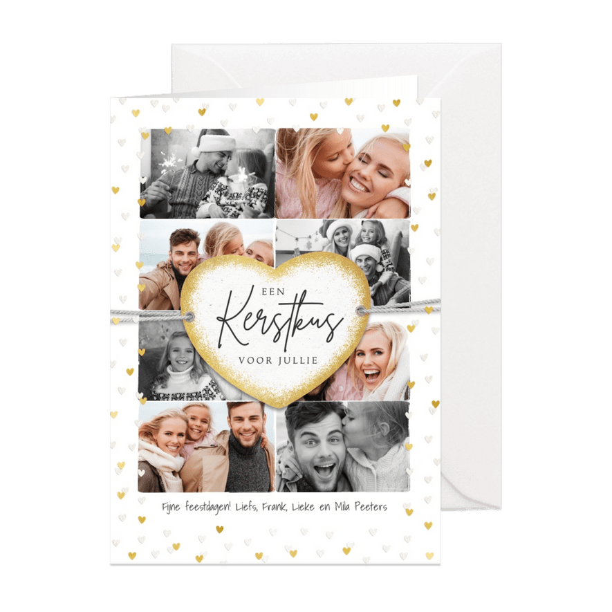 Kerstkaart fotocollage liefde hartjes goud label kus - Kaartimpressie