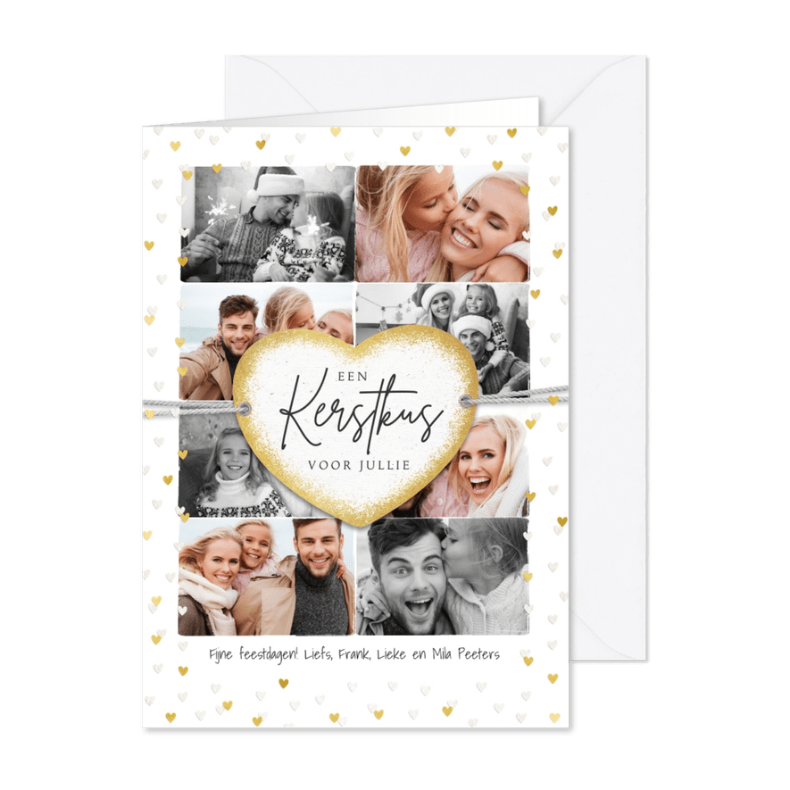 Kerstkaart fotocollage liefde hartjes goud label kus - Kaartimpressie