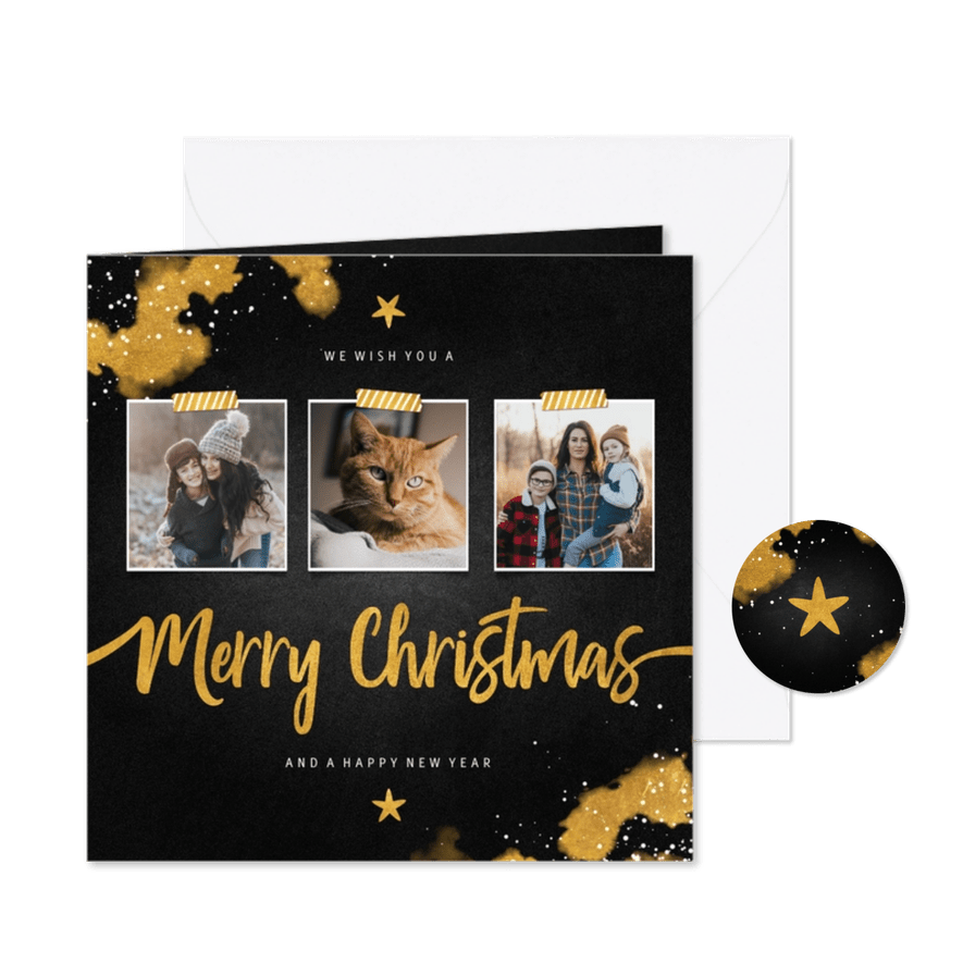 Kerstkaart fotocollage Merry Christmas krijtbord met goud - Kaartimpressie