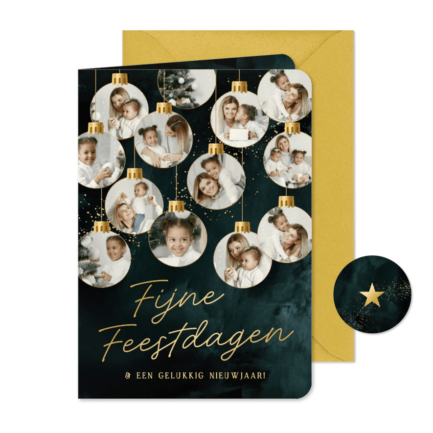Kerstkaart fotocollage met 13 kerstballen teal goud - Kaartimpressie