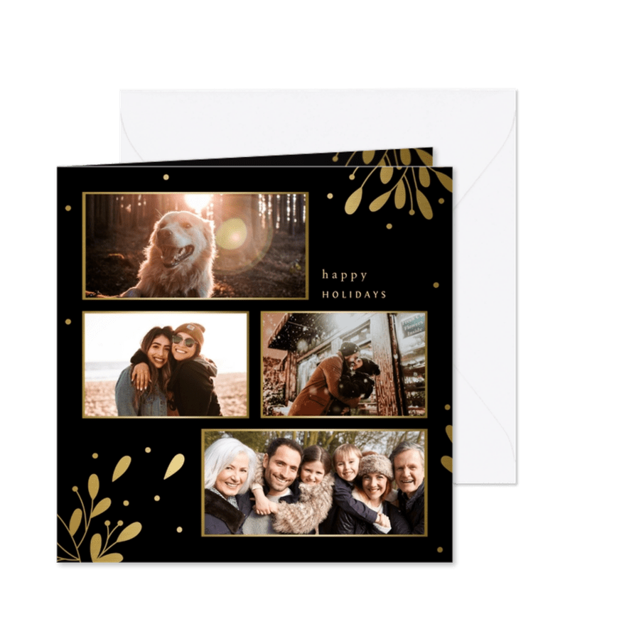 Kerstkaart fotocollage met besjes en takjes goud - Kaartimpressie