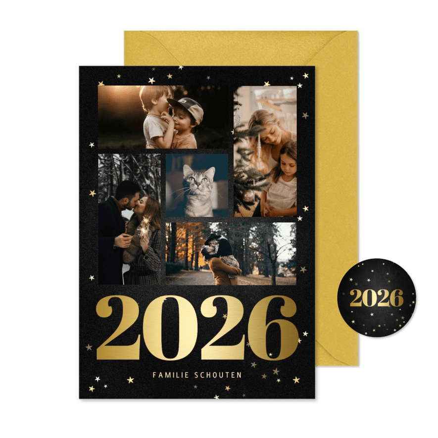 Kerstkaart fotocollage met gouden 2026 en sterren - Kaartimpressie