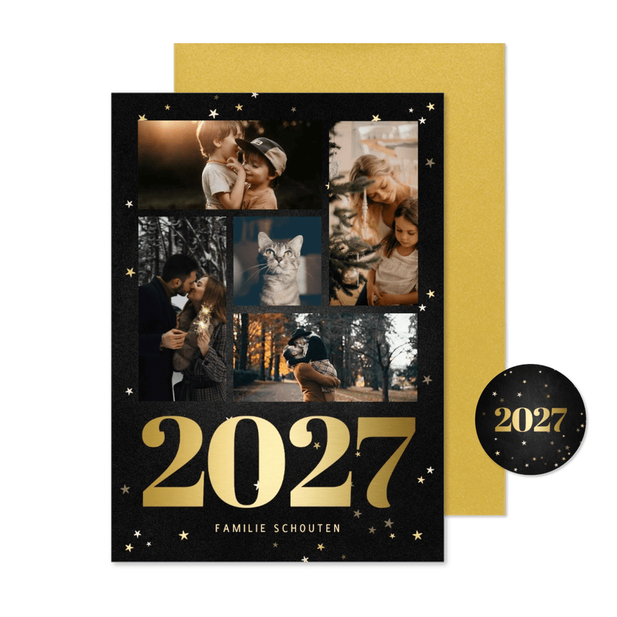 Kerstkaart fotocollage met gouden 2027 en sterren - Kaartimpressie