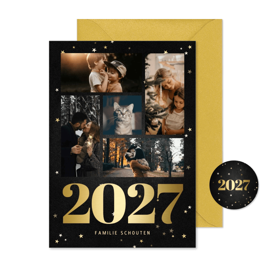 Kerstkaart fotocollage met gouden 2027 en sterren - Kaartimpressie