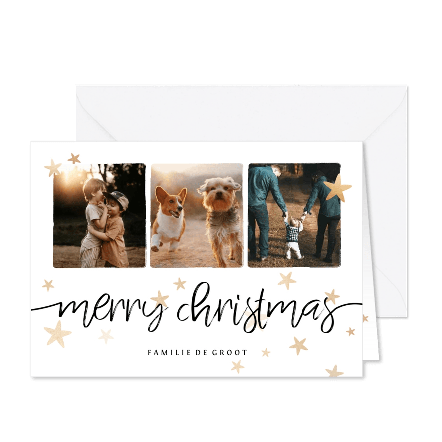Kerstkaart fotocollage met gouden sterren - Kaartimpressie
