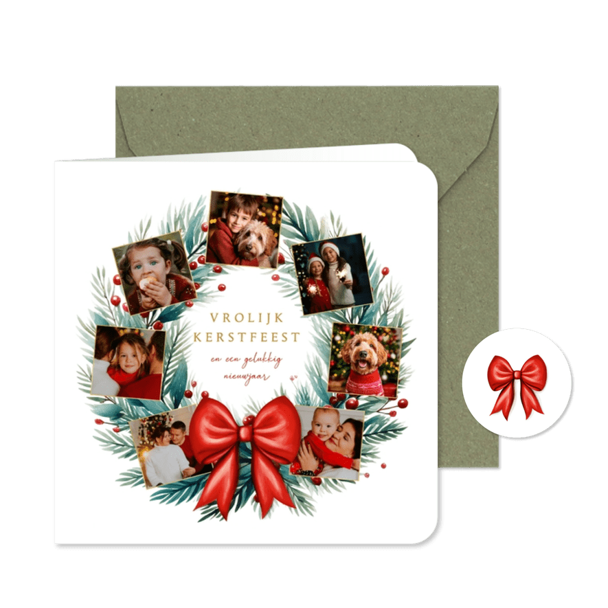 Kerstkaart fotocollage met kerstkrans en rode strik - Kaartimpressie