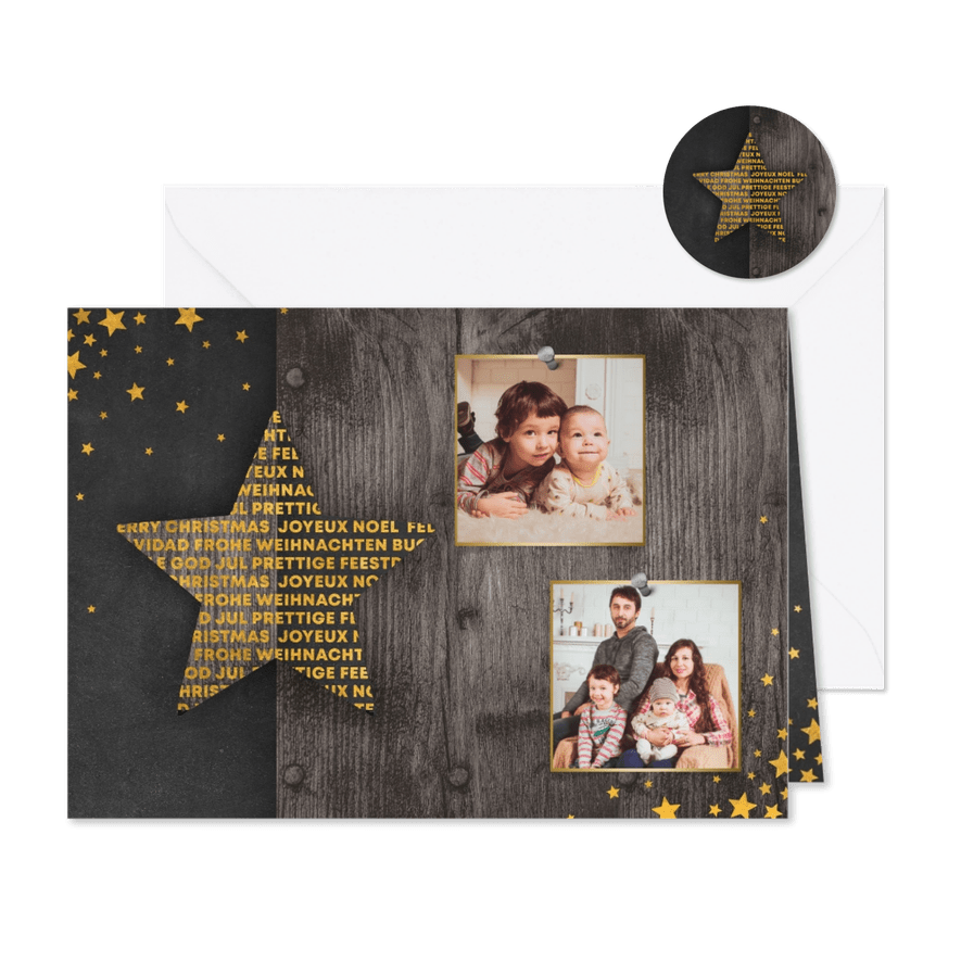 Kerstkaart fotocollage met meertalige ster en gouden sterren - Kaartimpressie