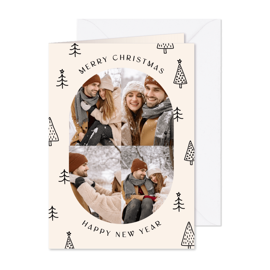 Kerstkaart fotocollage ovaal met kerstbomen - Kaartimpressie