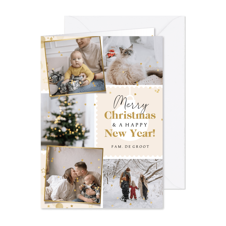 Kerstkaart fotocollage postzegel goud hartjesconfetti - Kaartimpressie