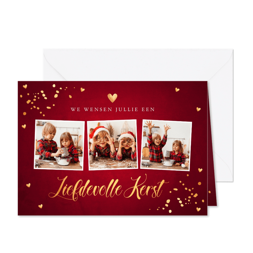 Kerstkaart fotocollage rood confetti goudlook - Kaartimpressie