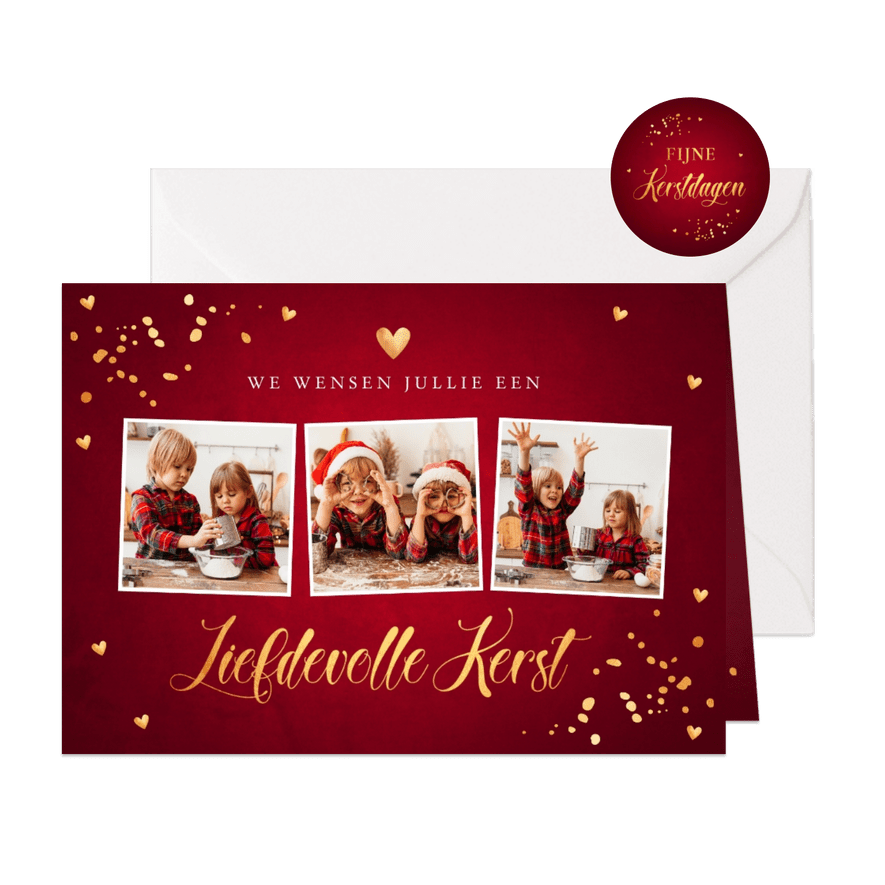 Kerstkaart fotocollage rood confetti goudlook - Kaartimpressie