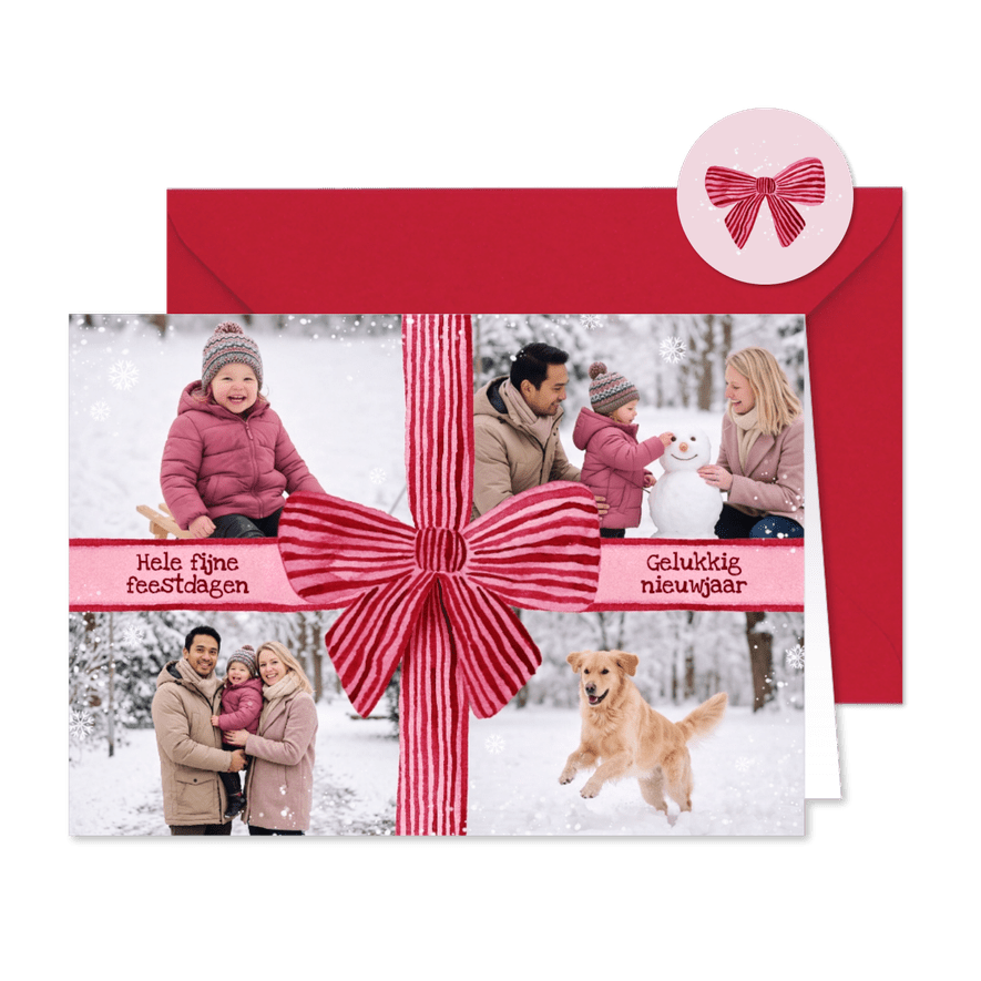 Kerstkaart fotocollage strik roze rood sneeuw hip - Kaartimpressie