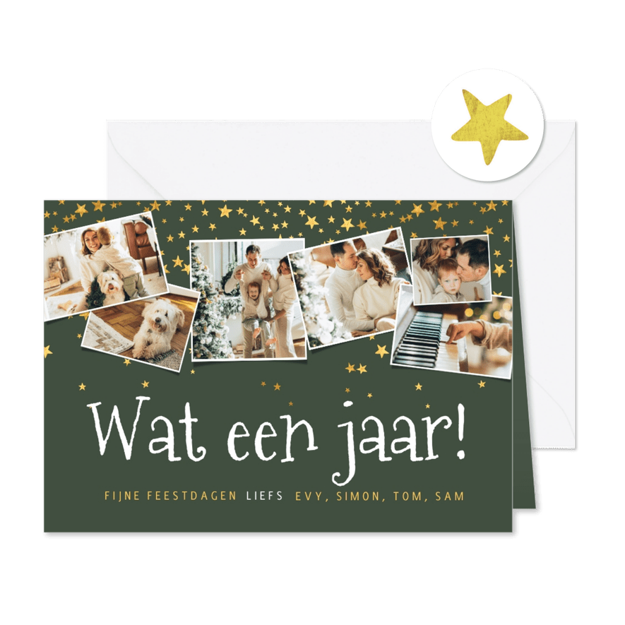 Kerstkaart fotocollage wat en jaar sterren goud - Kaartimpressie