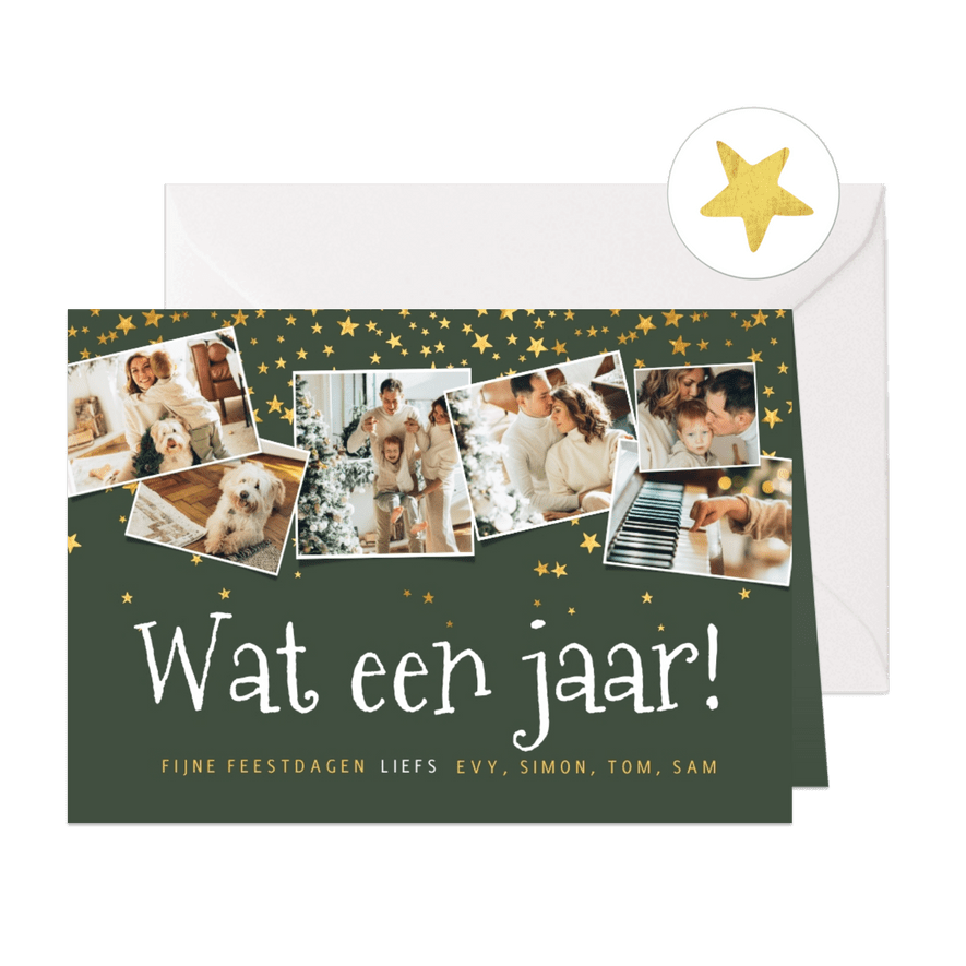 Kerstkaart fotocollage wat en jaar sterren goud - Kaartimpressie