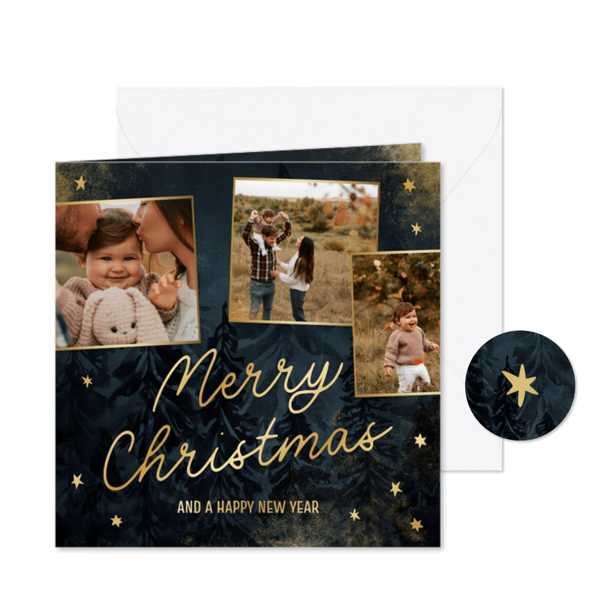 Kerstkaart fotocollage waterverf kerstbomen gouden sterren - Kaartimpressie