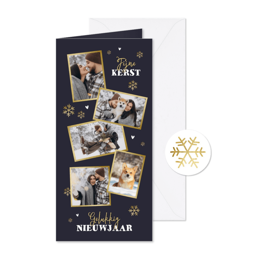 Kerstkaart fotocollage winter sneeuwvlokken goud foto's - Kaartimpressie