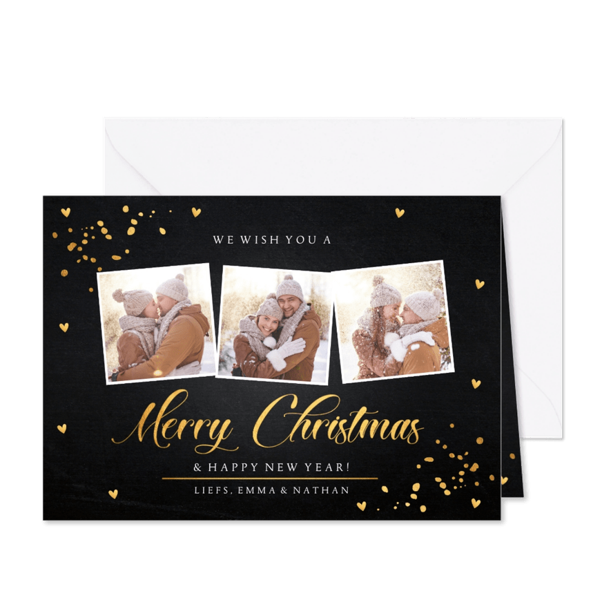 Kerstkaart fotocollage zwart goudlook rechthoekig - Kaartimpressie