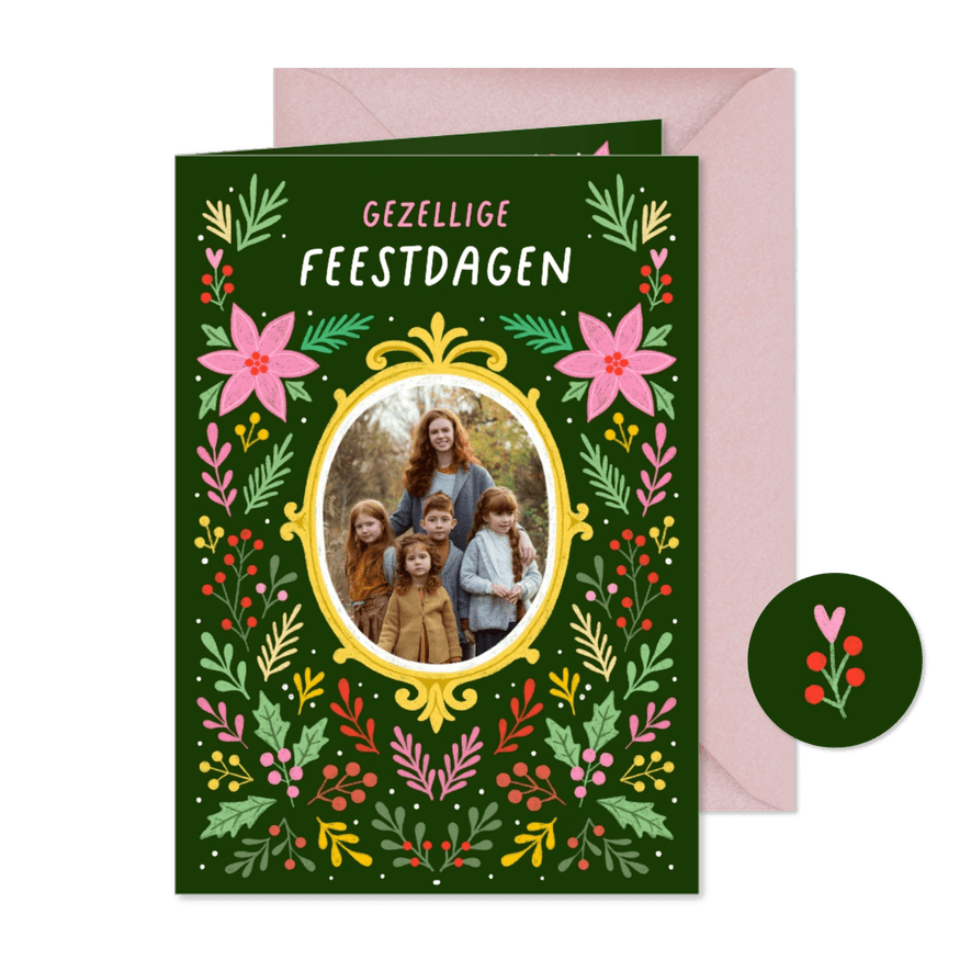 Kerstkaart fotokaart bloemen donkergroen - Kaartimpressie