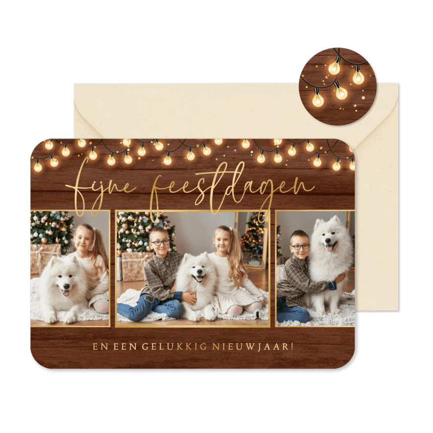 Kerstkaart fotokaart hout kerstlampjes foto feestdagen - Kaartimpressie