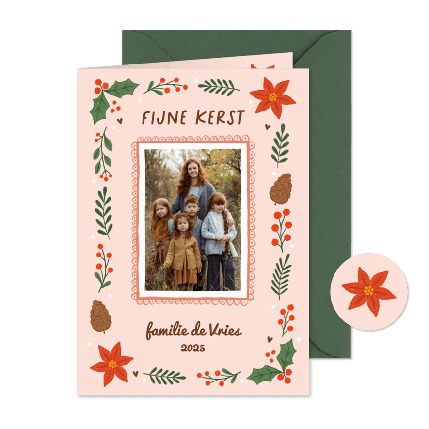Kerstkaart fotokaart hulst besjes groen lichtoranje - Kaartimpressie
