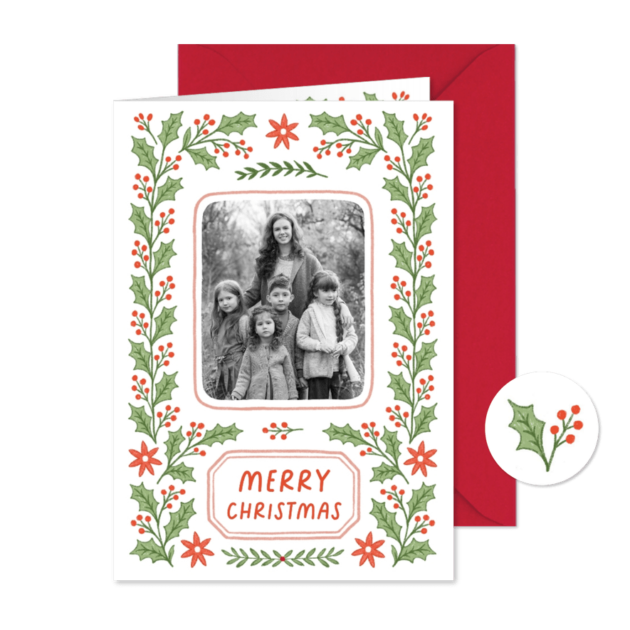 Kerstkaart fotokaart hulst besjes groen rood - Kaartimpressie