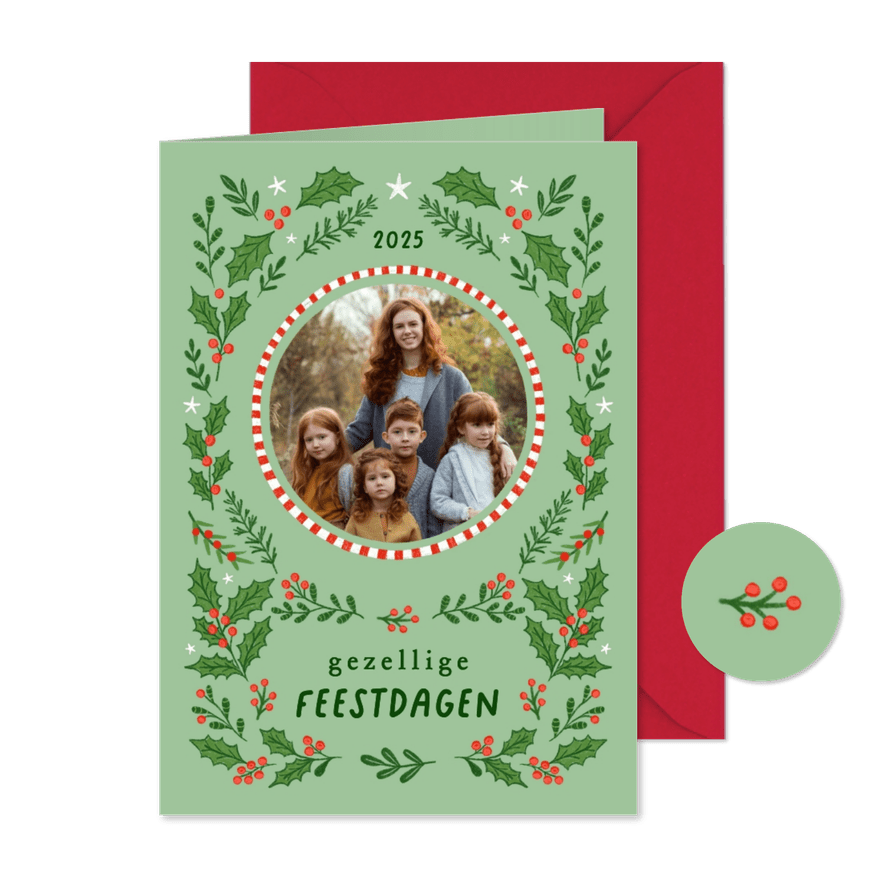 Kerstkaart fotokaart hulst besjes lichtgroen - Kaartimpressie