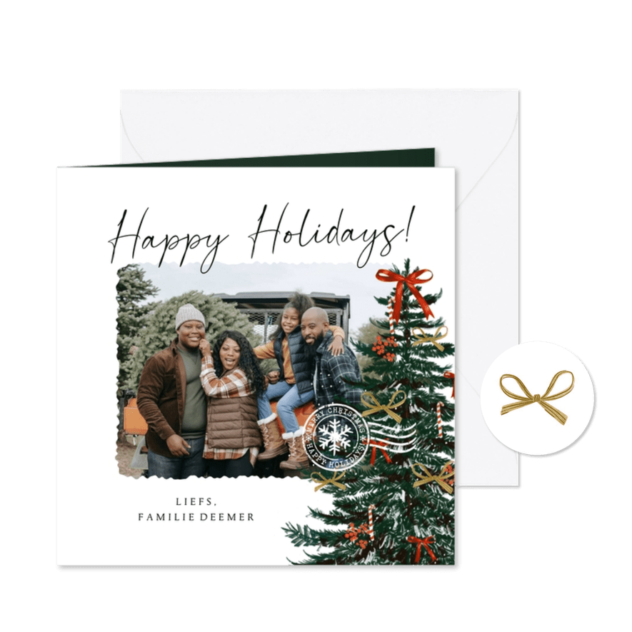 Kerstkaart fotokaart illustratie kerstboom strikken goud - Kaartimpressie