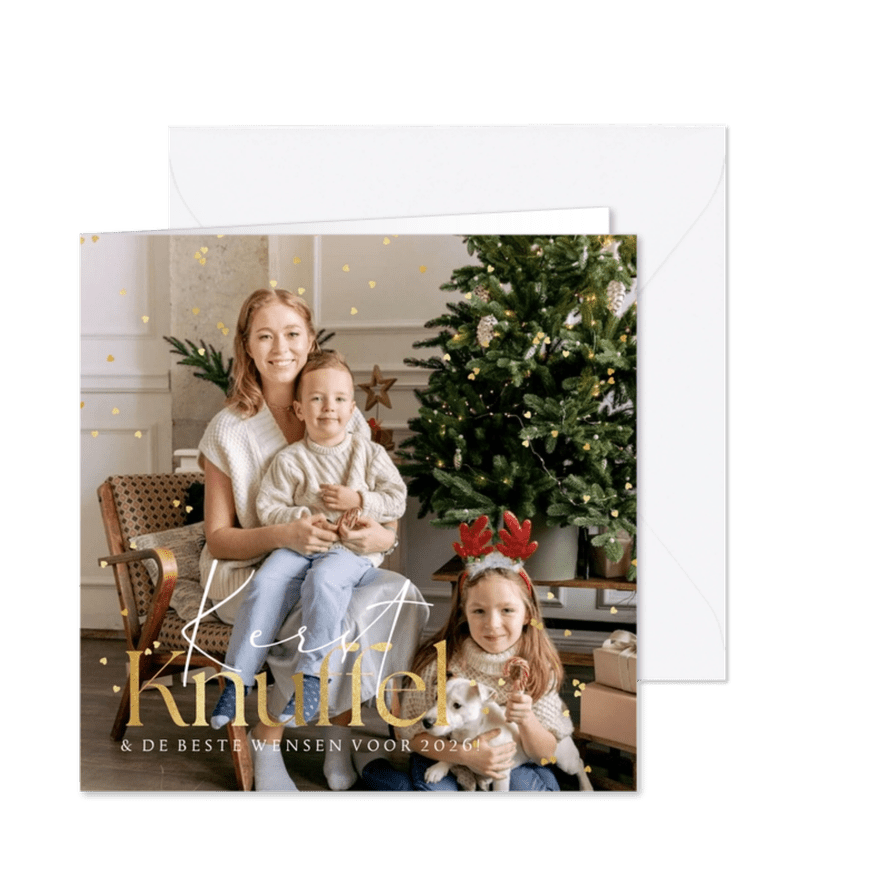 Kerstkaart fotokaart kerstknuffel hartjesconfetti goud - Kaartimpressie