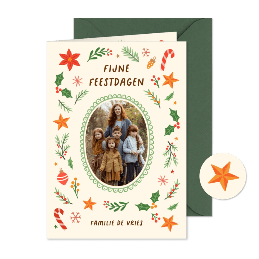 Kerstkaart fotokaart kerstster hulst besjes oranje groen - Kaartimpressie