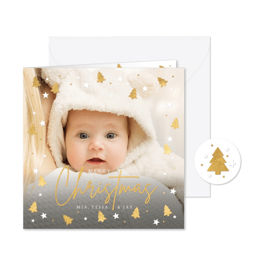 Kerstkaart fotokaart met eigen foto en gouden kerstboompjes - Kaartimpressie