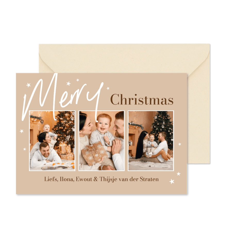 Kerstkaart fotokaart sterren beige foto's merry christmas - Kaartimpressie