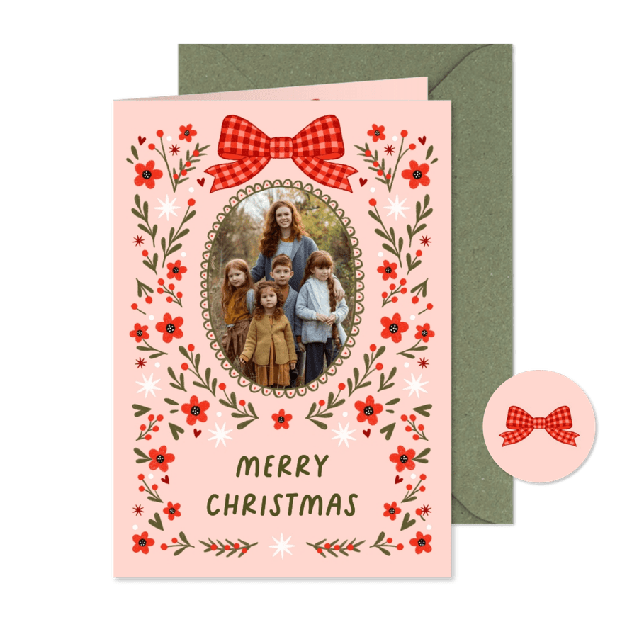 Kerstkaart fotokaart strik bloemen rood roze - Kaartimpressie