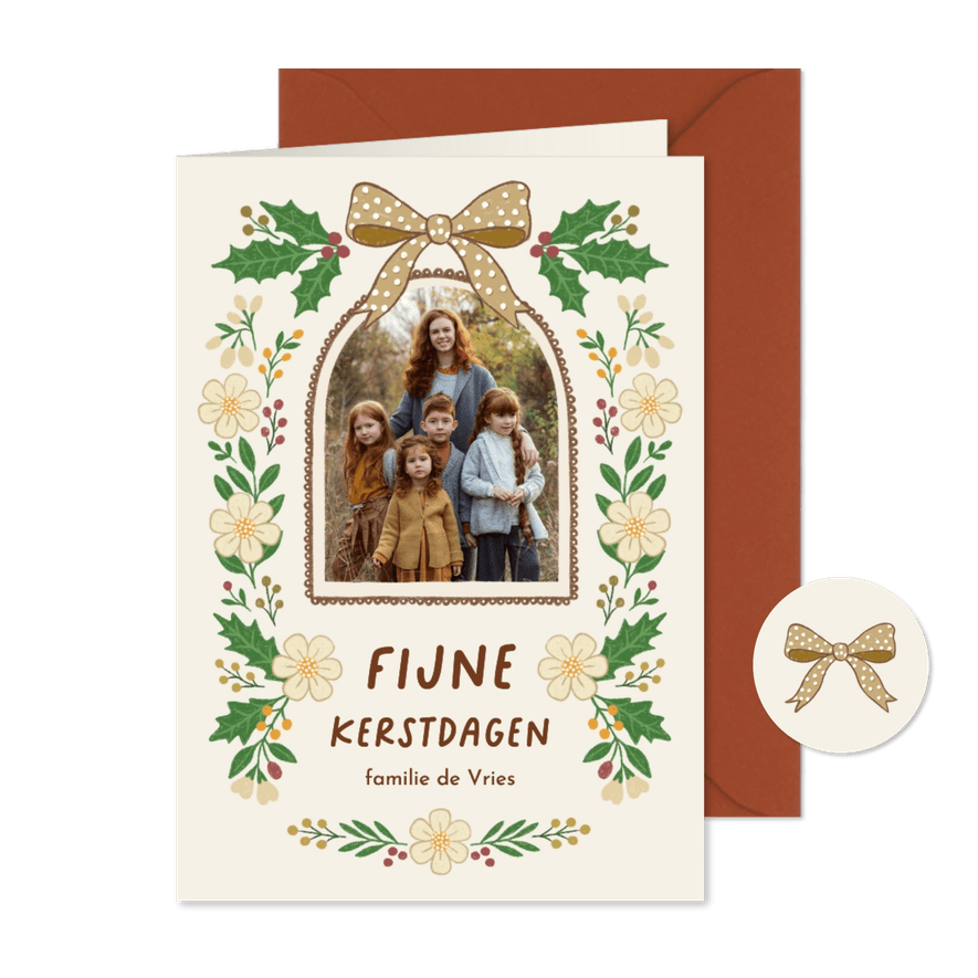 Kerstkaart fotokaart strik hulst besjes groen geel - Kaartimpressie