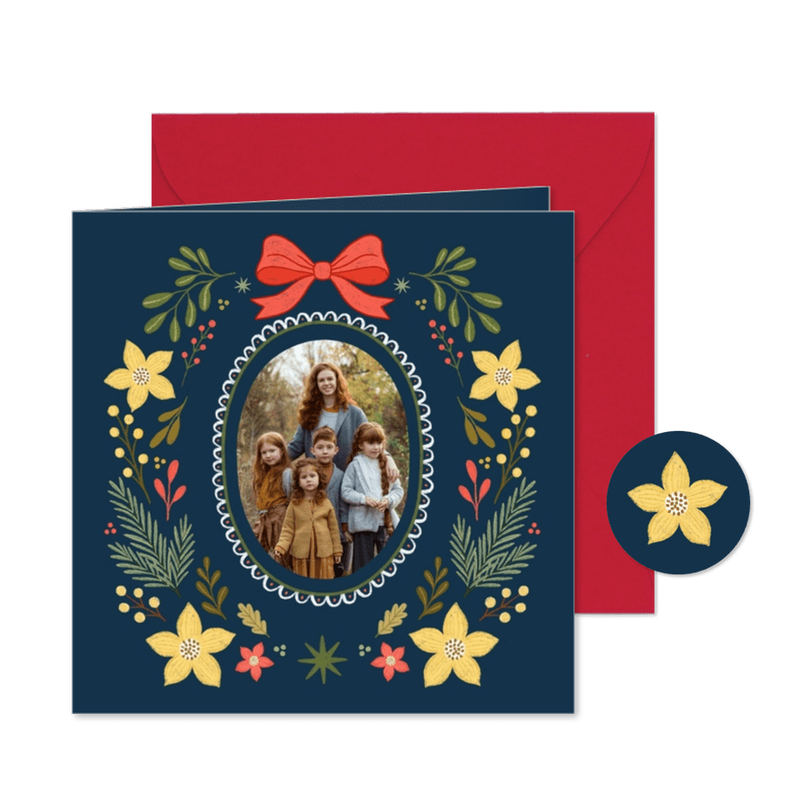 Kerstkaart fotokaart strik vintage bloemen donkerblauw geel - Kaartimpressie