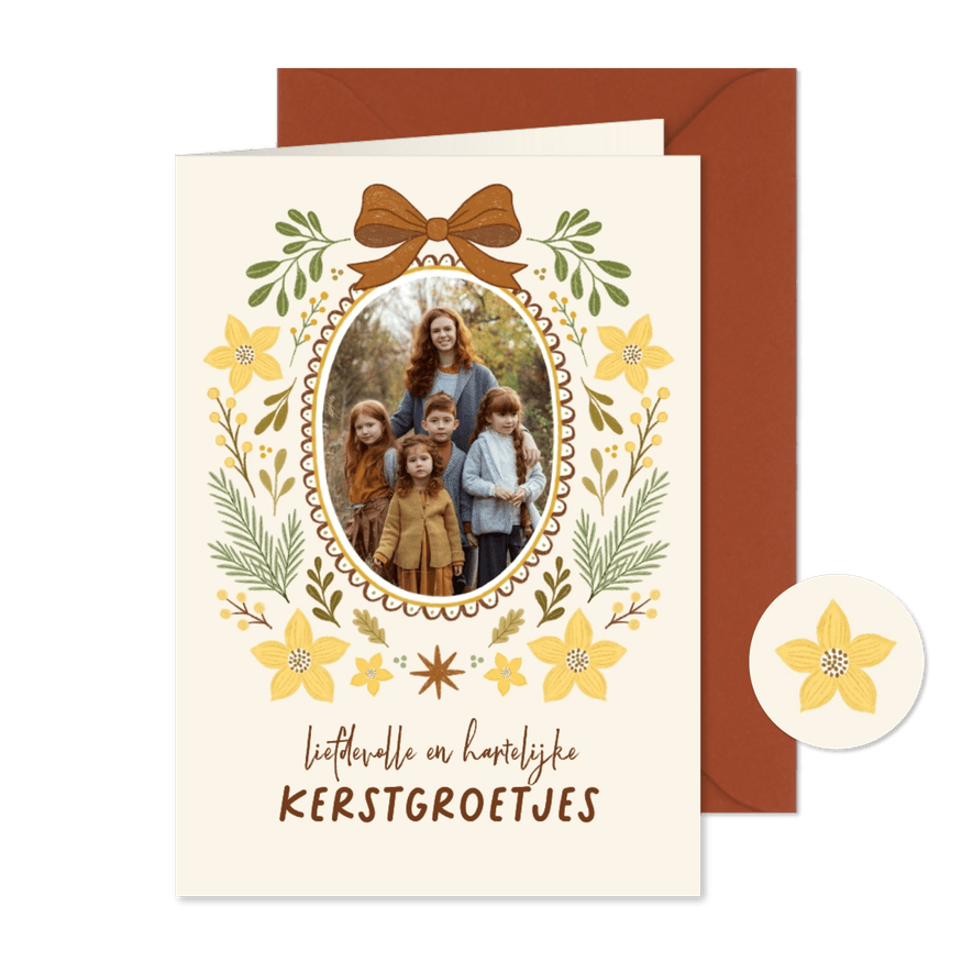 Kerstkaart fotokaart strik vintage bloemen geel - Kaartimpressie