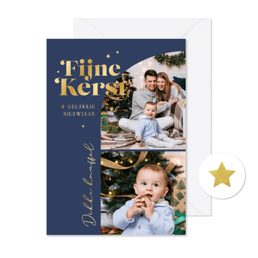 Kerstkaart foto's boog fijne kerst goud sterretjes - Kaartimpressie