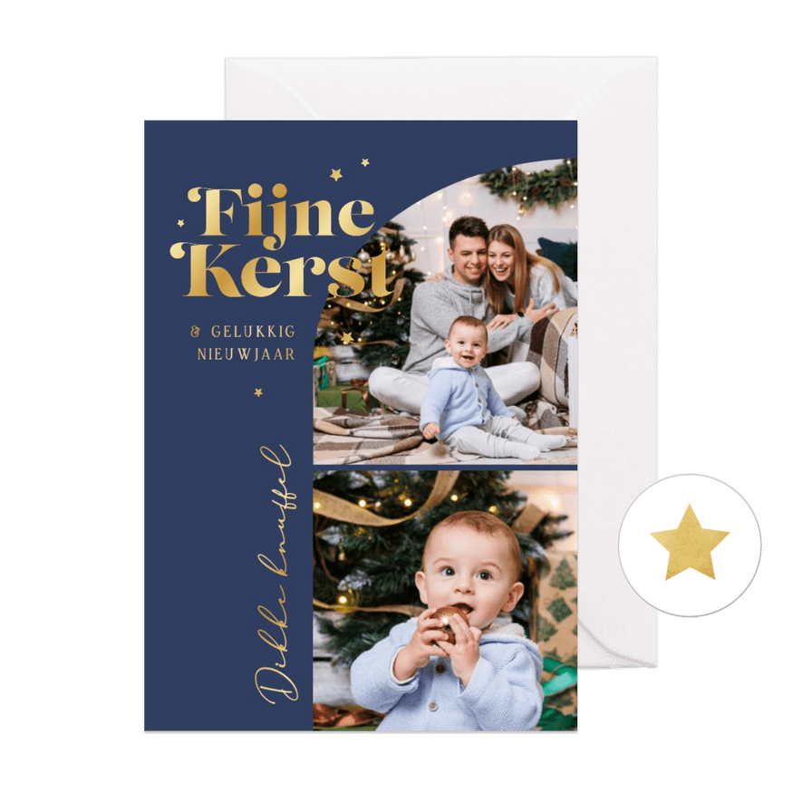 Kerstkaart foto's boog fijne kerst goud sterretjes - Kaartimpressie