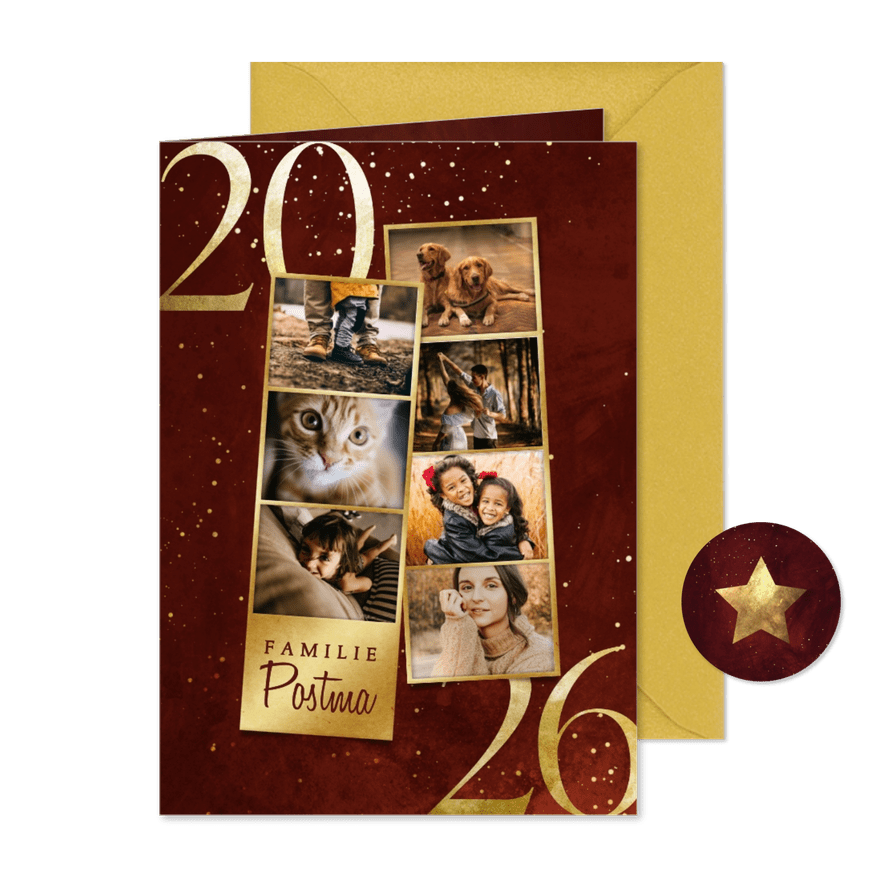 Kerstkaart fotostrip 2026 in goudlook - Kaartimpressie
