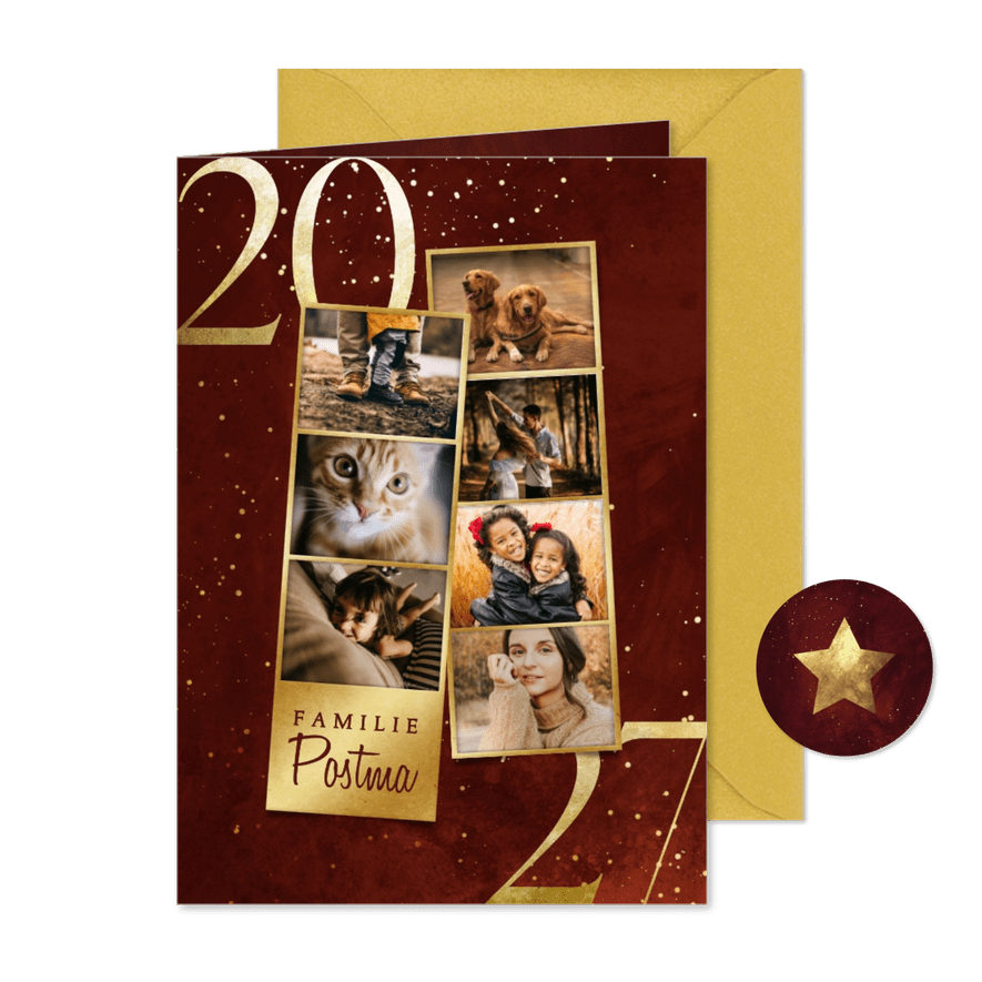 Kerstkaart fotostrip 2027 in goudlook - Kaartimpressie
