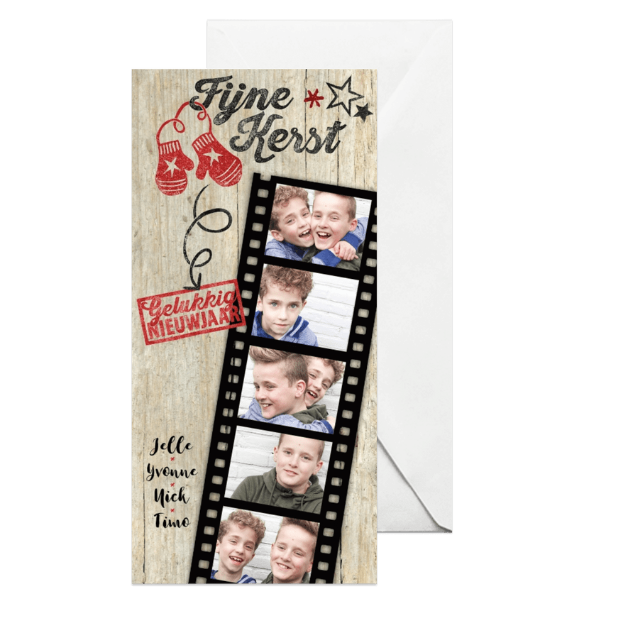 Kerstkaart fotostrip kerst stempel rood hout - Kaartimpressie