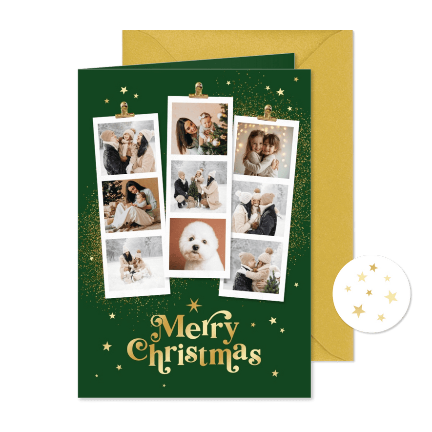 Kerstkaart fotostrips merry christmas goud sterren  - Kaartimpressie