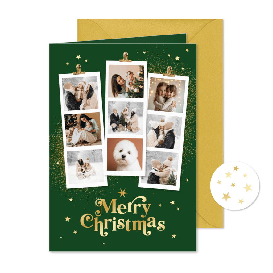 Kerstkaart fotostrips merry christmas goud sterren - Kaartimpressie